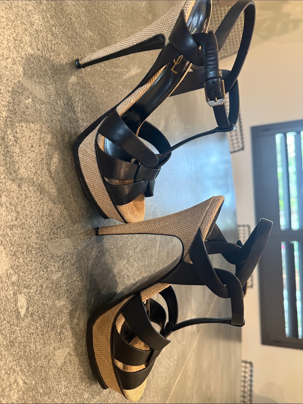 Saint Laurent Black Leather Knot T-Strap Sandals with Tan Insole - Picture 3 of 4